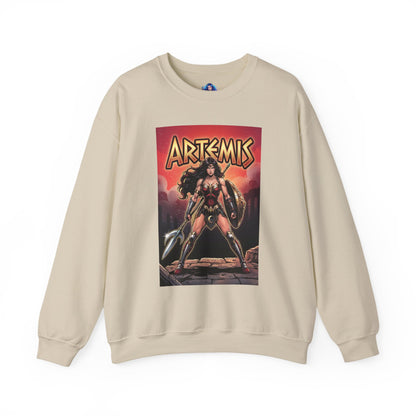 Artemis Sweatshirt, DC Comics Warrior Art, Premium Hero Apparel - beige crewneck featuring battle-ready Artemis with spear and shield
