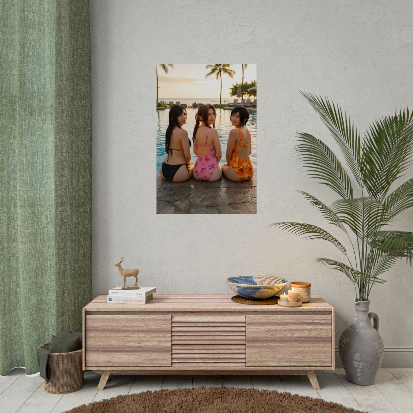 Tifa Aerith and Yuffie Poster, Final Fantasy Art Print – Iconic RPG Trio hanging in a modern gaming room over console