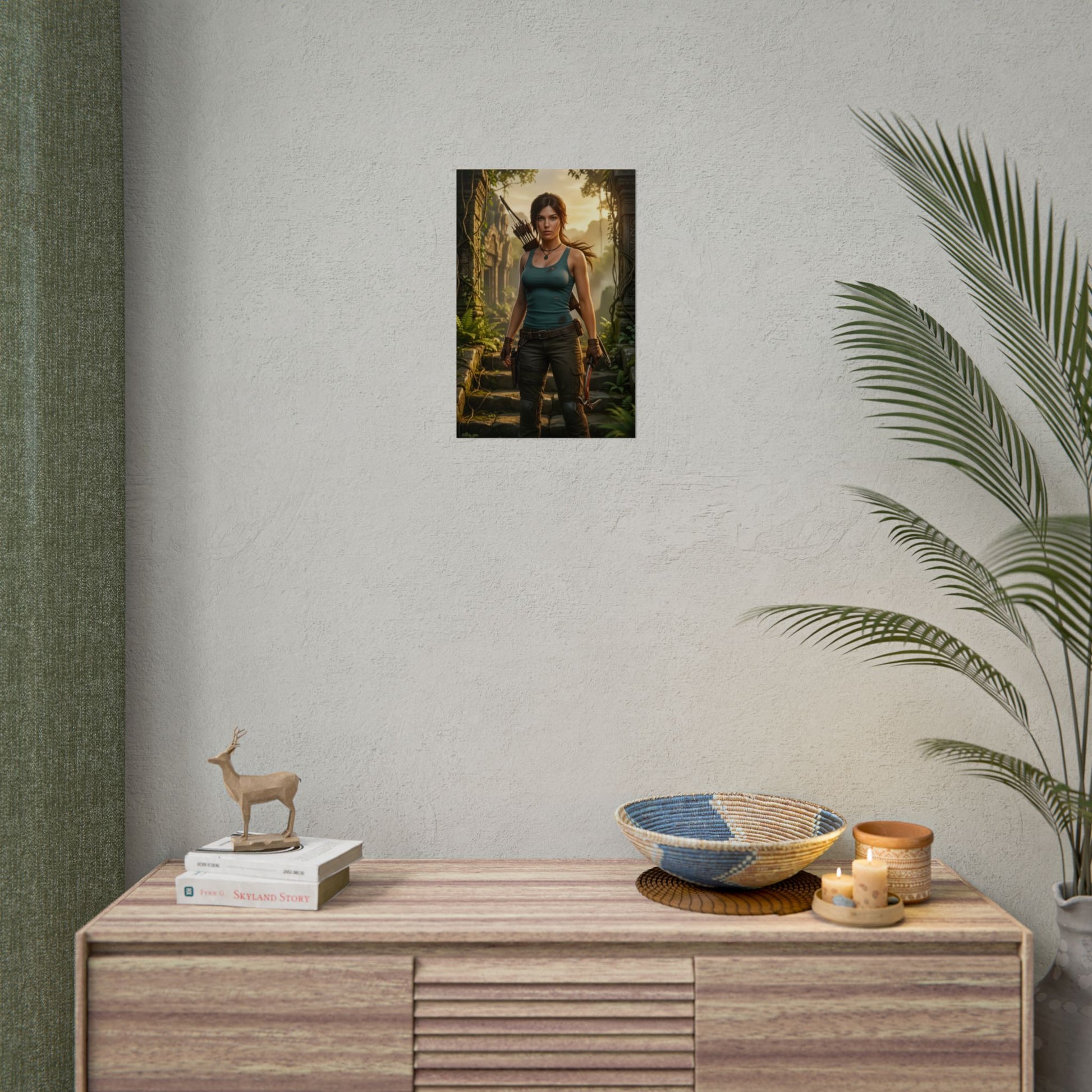 Lara Croft Poster Tomb Raider Wall Art Print Action Adventure Decor showing Lara Croft with dual pistols in a cinematic jungle ruin scene