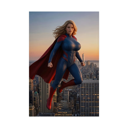 Supergirl Poster, DC Comics Art Print – Superhero Wall Art hanging over city skyline at sunset, female superhero in red cape and blue suit