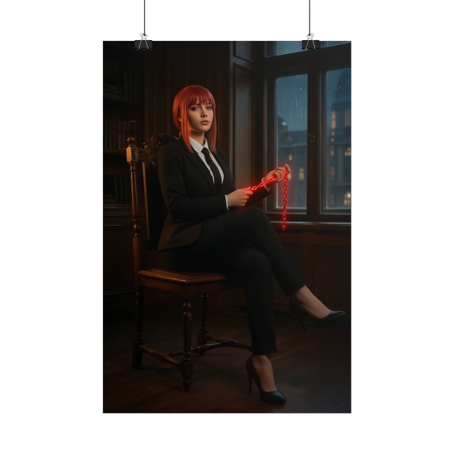 Makima Poster, Chainsaw Man Print, Iconic Anime Character Art – Makima seated in suit holding glowing red chain in dark study