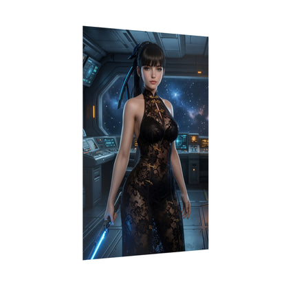 EVE Poster, Stellar Blade Print, Futuristic Combat Hero Art Wall Decor featuring armored heroine with energy blade in sci‑fi ship control room