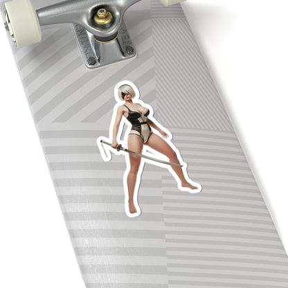 2B Sticker – Sci-Fi Game Vinyl Sticker for Laptops & Indoor Decor on skateboard showing glossy die-cut vinyl sticker of sci-fi character holding sword