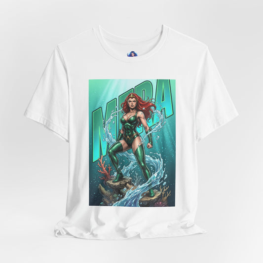 Mera T-Shirt | DC Comics Anime Tee for Gamers & Fans front print showing Mera in emerald armor controlling water on Bella Canvas tee