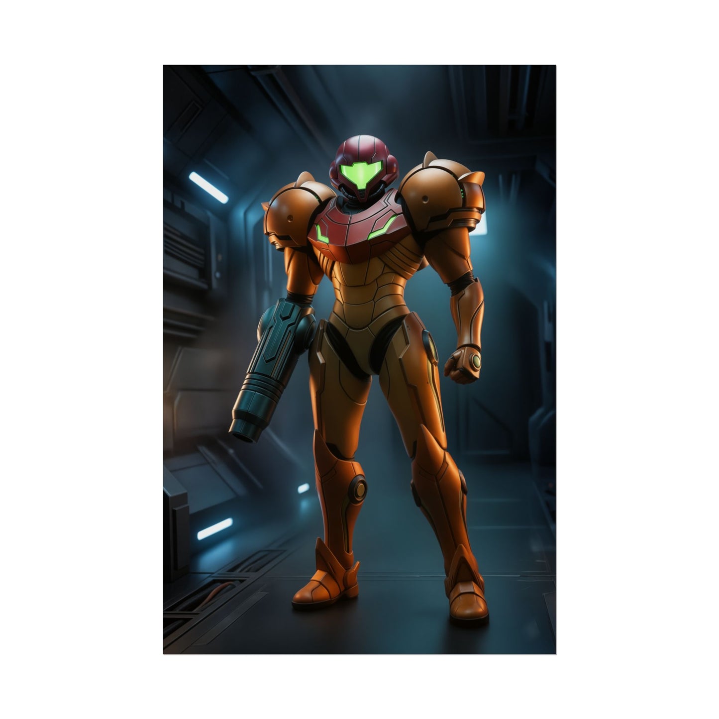 Samus Aran Poster Sci Fi Armor Wall Art Print Gaming Room Decor - armored Samus in futuristic corridor with detailed reflections