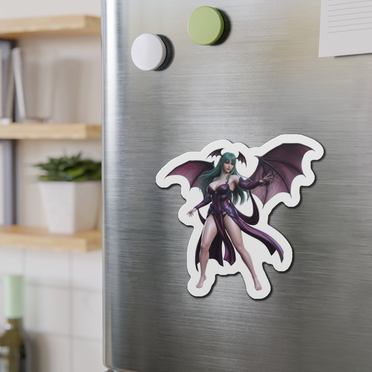 Morrigan Aensland Magnet – Darkstalkers Anime Heroine Fridge Magnet die-cut vinyl sticker on stainless fridge showing Morrigan artwork