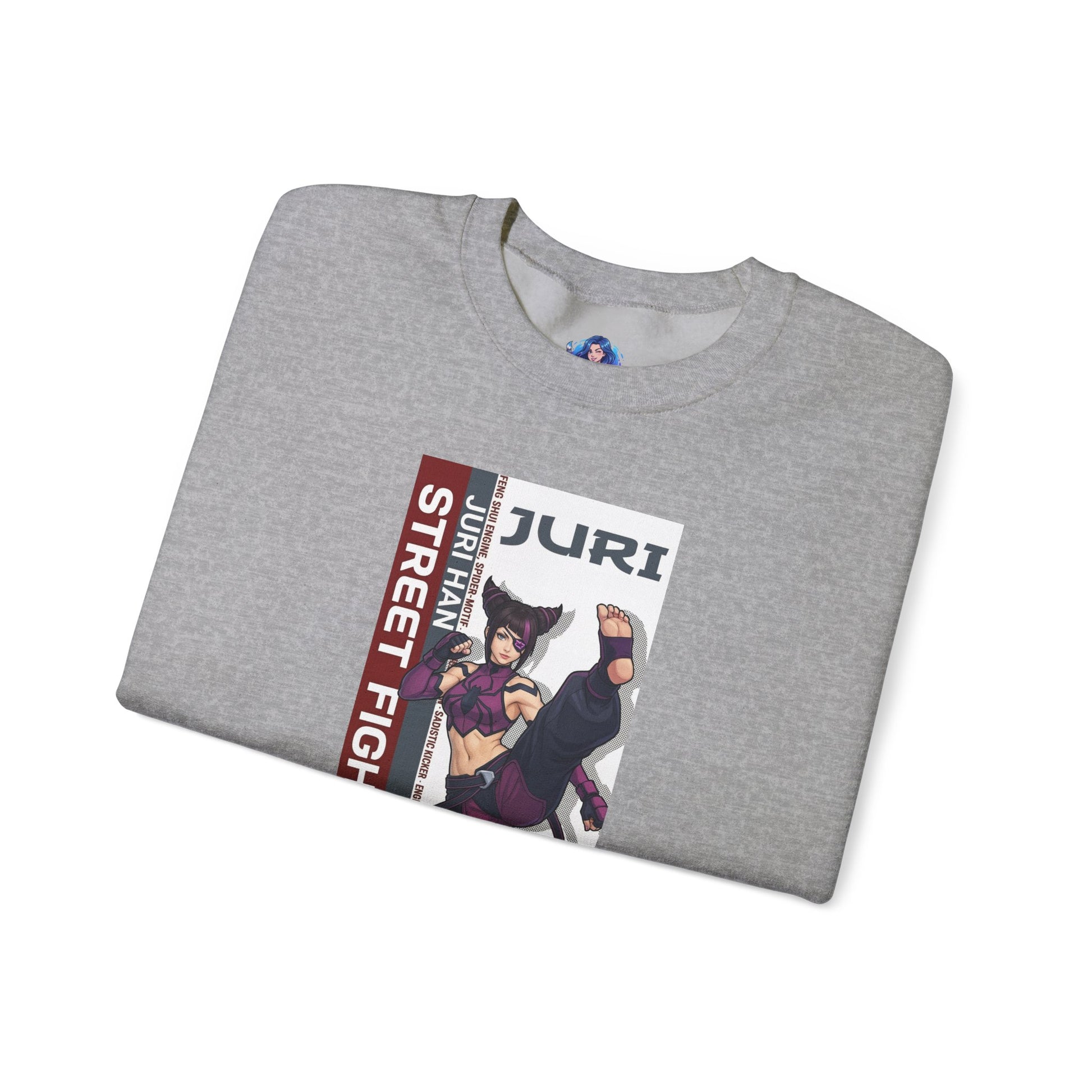 Juri Sweatshirt, Street Fighter Crewneck, Bold Fighting Game Apparel for Fans folded grey crewneck with Juri artwork