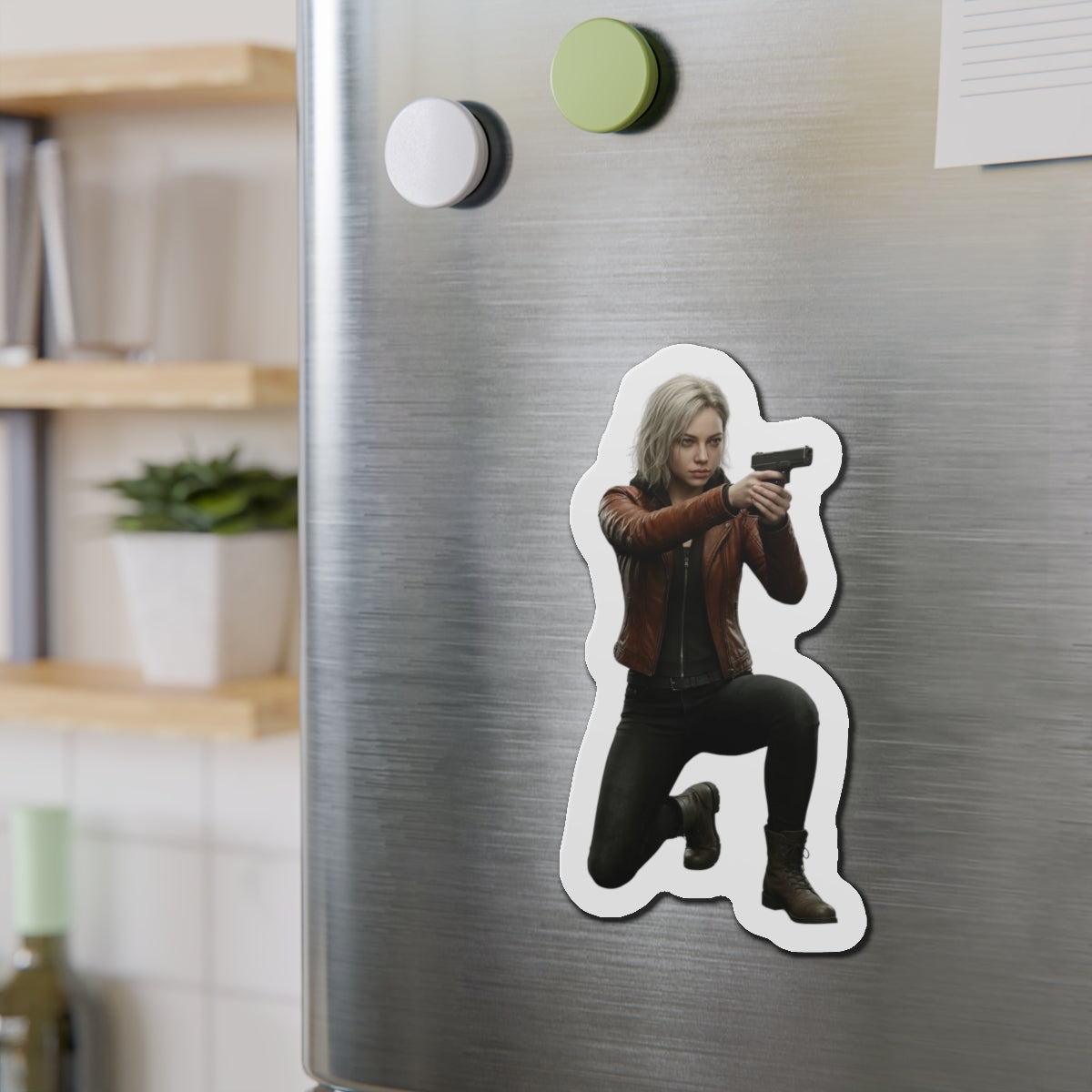 Grace Ashcroft Magnet, Resident Evil Fridge Magnet, Survival Horror Game Decor - high-res vinyl fridge magnet showing Grace Ashcroft aiming a gun
