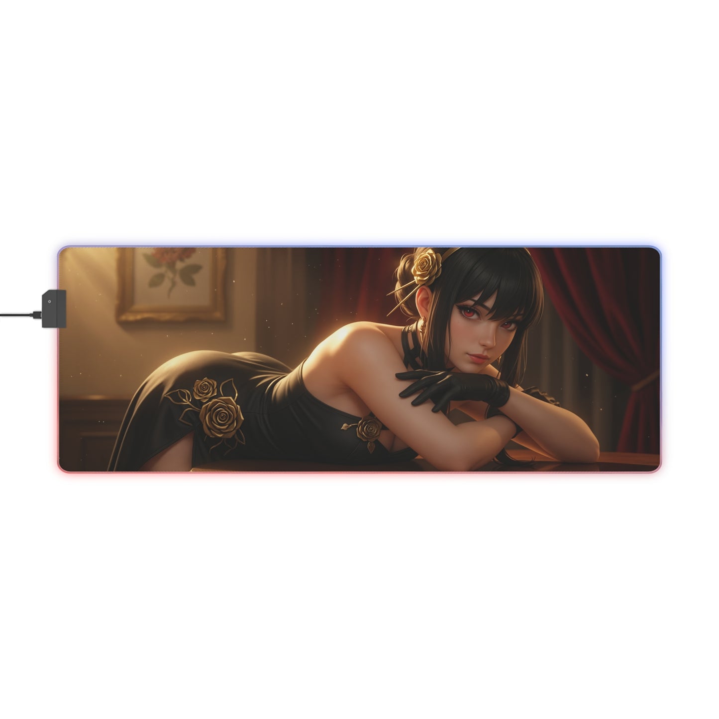 Yor Forger Desk Mat – LED RGB Pad, Waifu Anime Girl Gaming Setup featuring elegant assassin waifu reclining on RGB-lit precision cloth mat