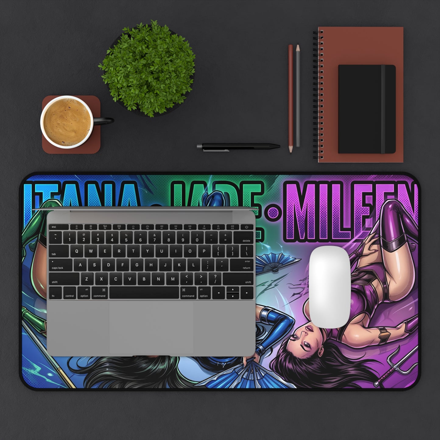 Kitana Jade Mileena Mouse Pad – Fighting Game Gaming Mouse Pad, Gamer Desk Decor showing vibrant dual-character artwork on a large gaming desk mat