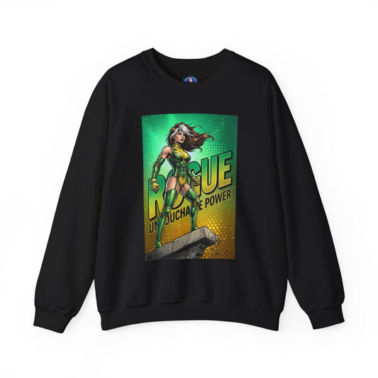 Rogue Sweatshirt, Marvel Crewneck, Unstoppable Power Superhero Apparel - black crewneck featuring Rogue in green-and-yellow costume on comic poster