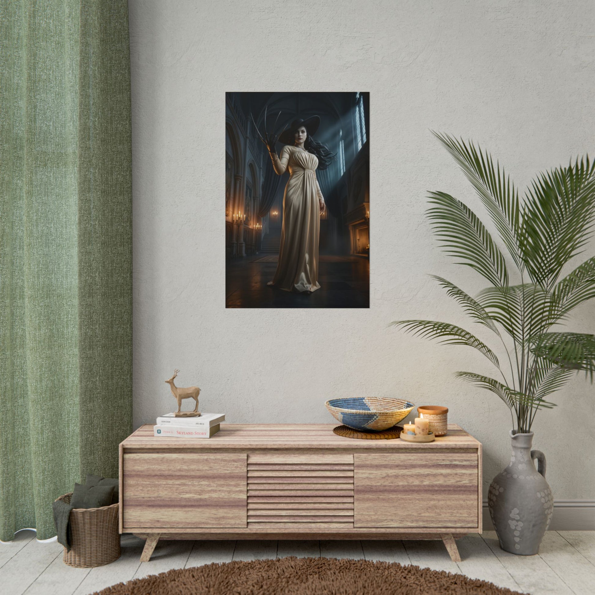 Lady Dimitrescu Poster Resident Evil Wall Art Print Gothic Castle Decor full-body cinematic portrait in grand castle hall with dramatic lighting
