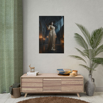 Lady Dimitrescu Poster Resident Evil Wall Art Print Gothic Castle Decor full-body cinematic portrait in grand castle hall with dramatic lighting