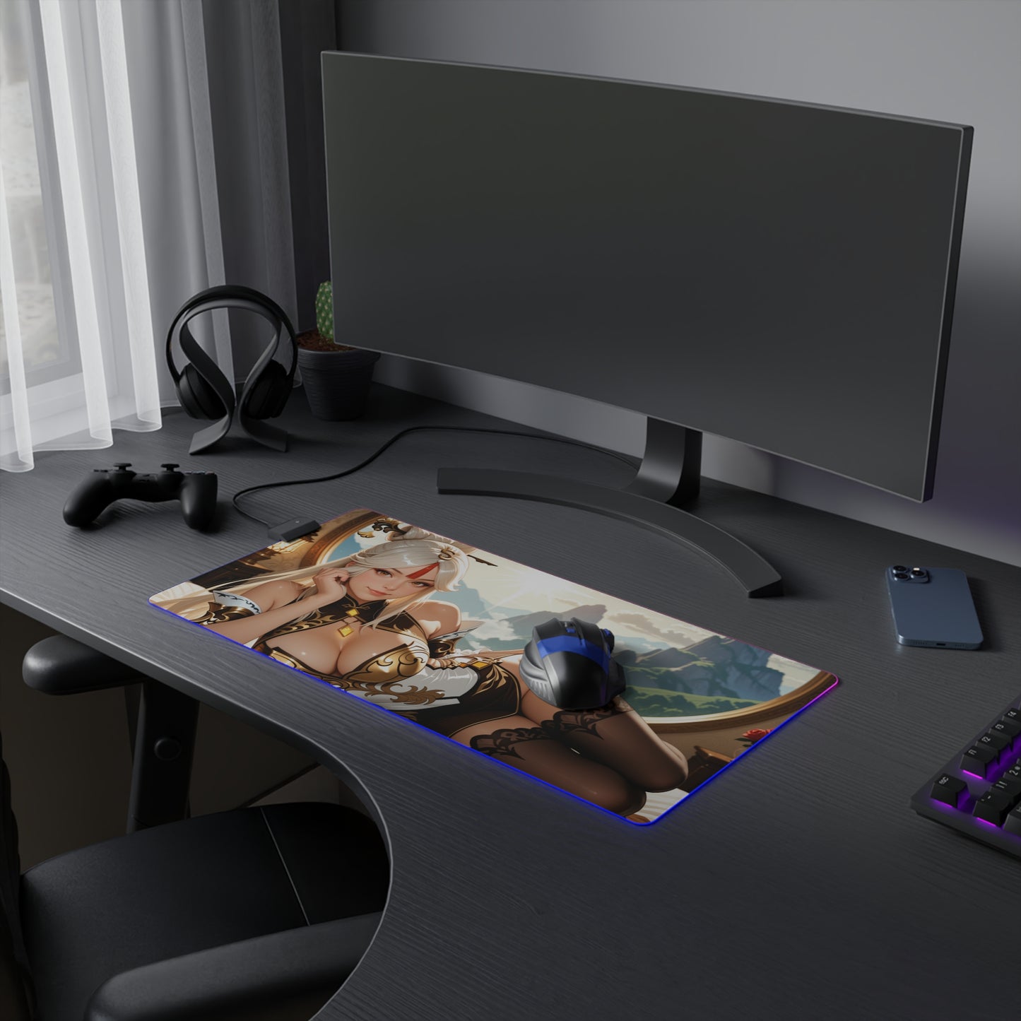 Ningguang Desk Mat – LED RGB Pad, Waifu Anime Girl Gaming Setup