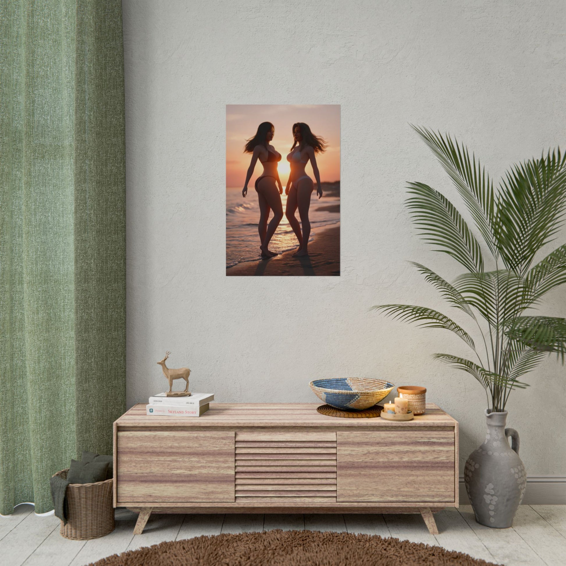 Tifa Aerith Poster, Final Fantasy Art Print – Legendary RPG Duo Wall Art hanging in a sunlit gaming room above wooden console