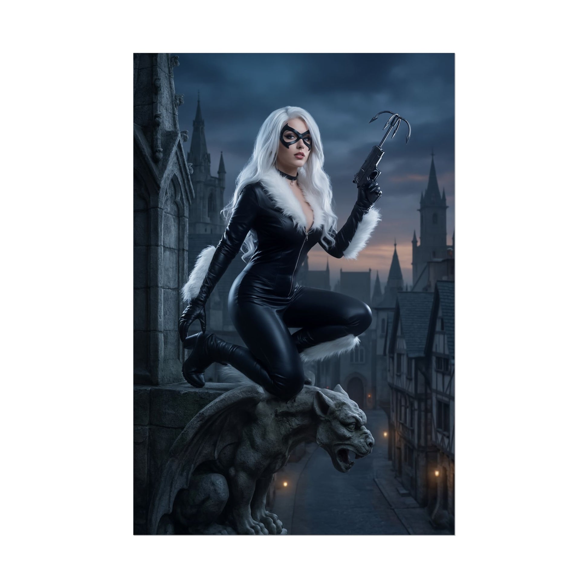 Black Cat Poster, Marvel Art Print – Iconic Anti-Heroine Wall Art featuring Black Cat in black leather suit atop a gargoyle at night