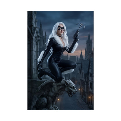 Black Cat Poster, Marvel Art Print – Iconic Anti-Heroine Wall Art featuring Black Cat in black leather suit atop a gargoyle at night