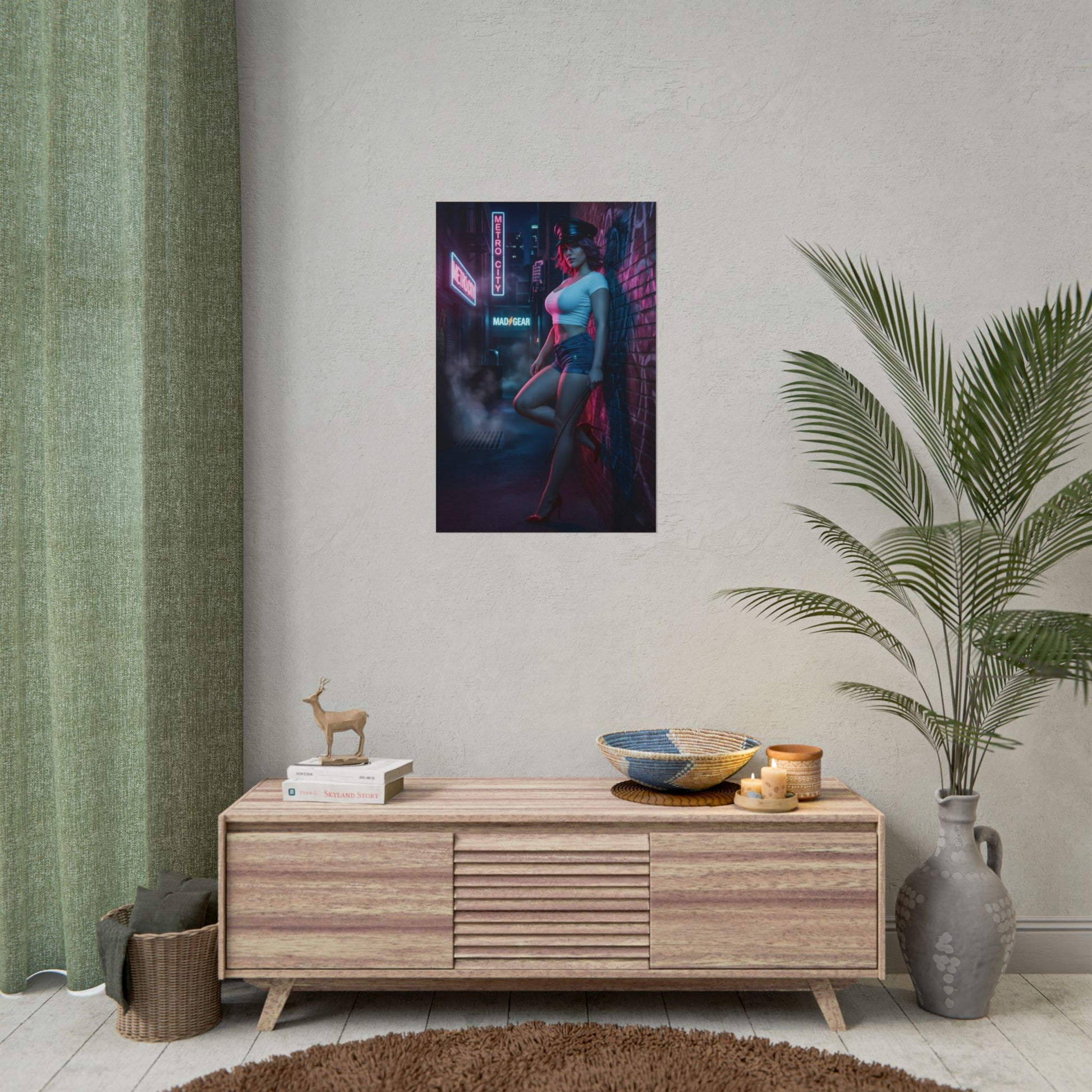 Poison Street Fighter Poster – Iconic Fighting Game Heroine Wall Art displayed in a modern gaming room scene