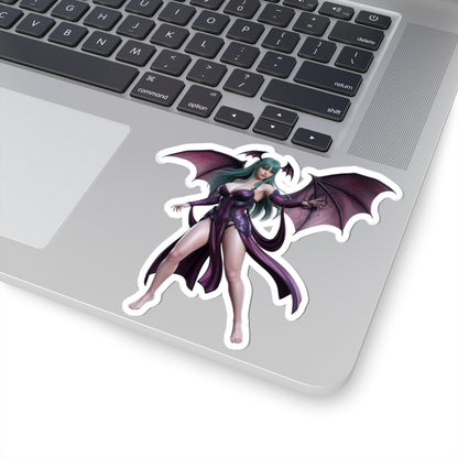 Morrigan Aensland Sticker – Darkstalkers Vinyl Sticker for Laptops & Indoor Decor on silver laptop showing glossy, durable vinyl die-cut sticker