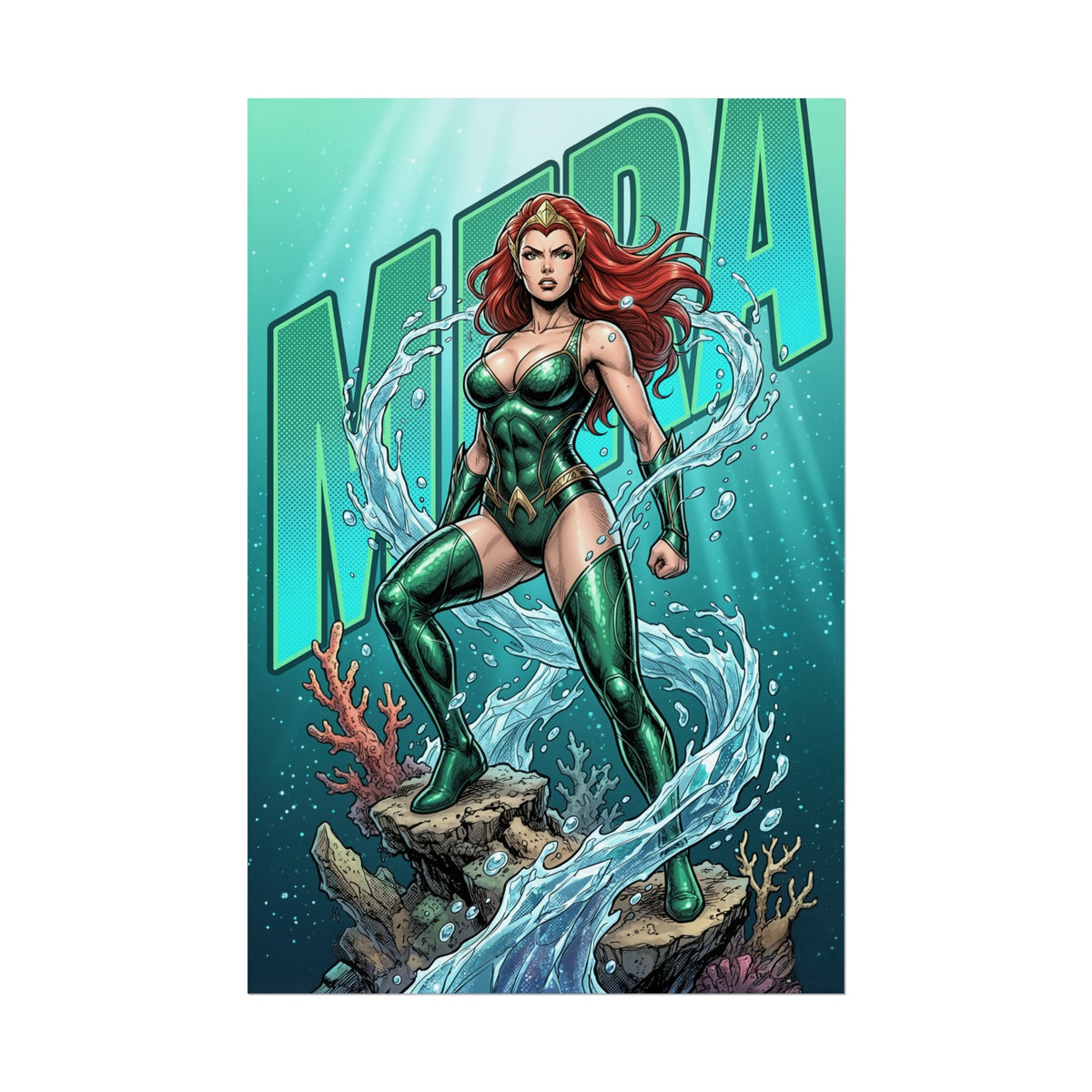 Mera Poster / Mera Wall Art / Mera Art Print / DC Comics Poster showing fierce Atlantean woman commanding water above ocean depths