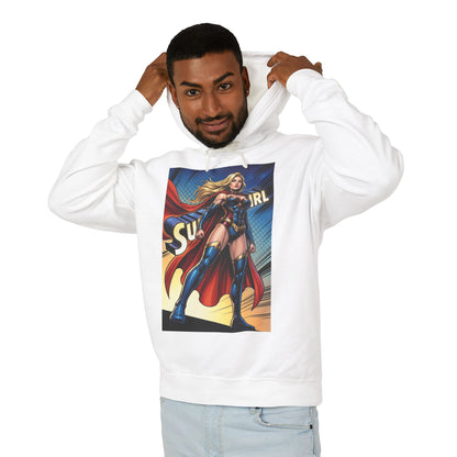 Supergirl Hoodie | DC Superhero Hoodie | Girl of Steel Pullover - white cotton pullover with bold comic Supergirl graphic worn by male model