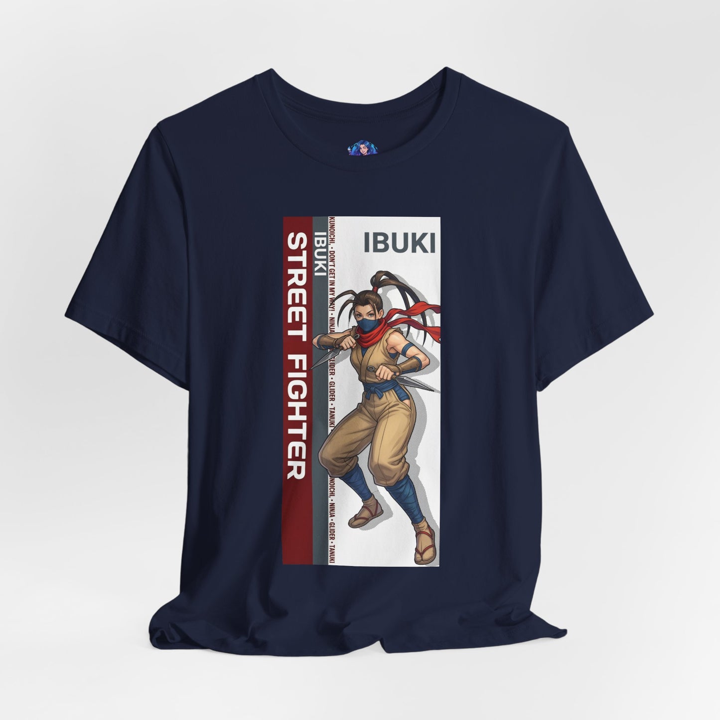Ibuki T-Shirt | Street Fighter Anime Tee for Gamers & Fighting Game Fans - navy Bella Canvas tee with dynamic Ibuki ninja illustration