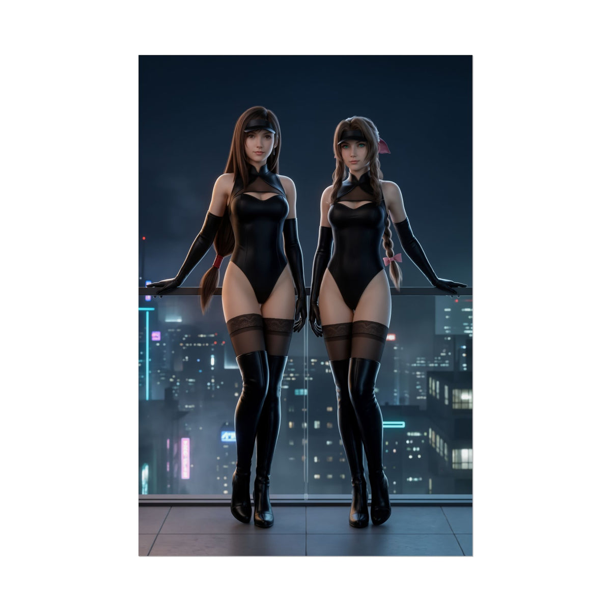 Tifa Aerith Poster, Final Fantasy Art Print  Classic JRPG Wall Art showing Tifa and Aerith in sleek black outfits against a neon city skyline