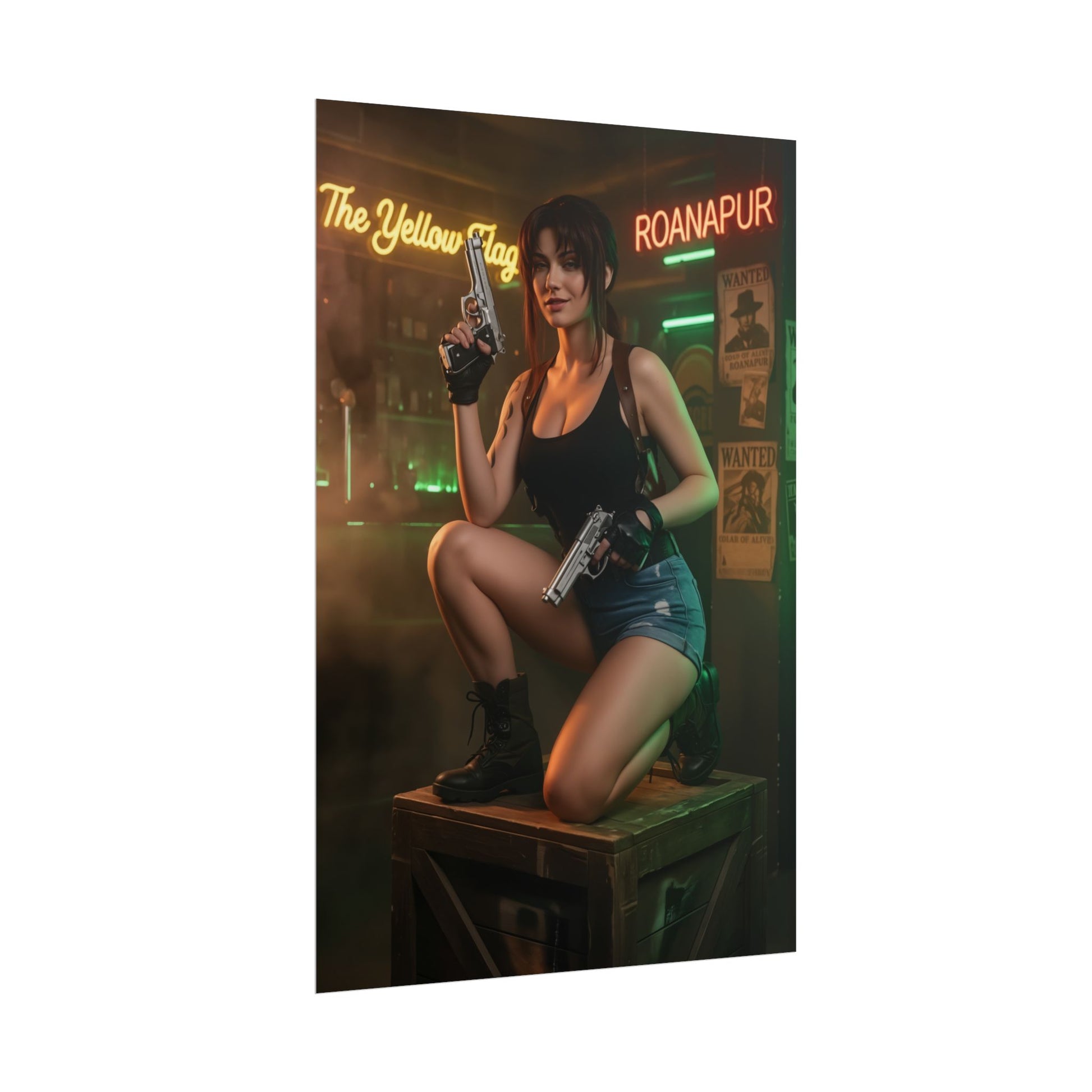 Revy Poster, Black Lagoon Art Print, Iconic Action Anime Character Wall Decor - bold Revy kneeling with pistols in neon bar scene