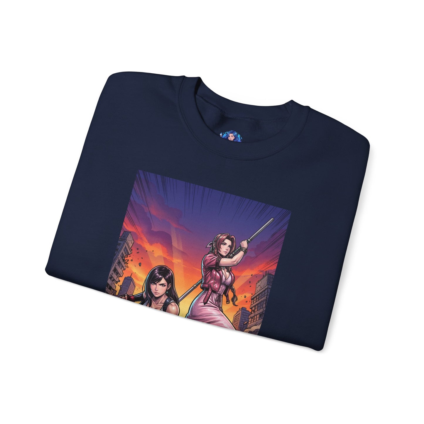 Tifa Lockhart & Aerith Gainsborough Sweatshirt, Game Character Art, Premium Fan Apparel — navy crewneck with cinematic Tifa and Aerith battle-ready illustration