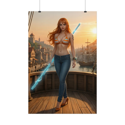 Nami Poster, One Piece Art Print, Iconic Navigator Anime Character - detailed art print of Nami on a ship deck at sunset holding a glowing staff