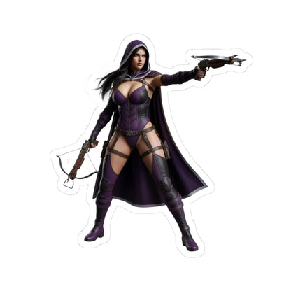 Huntress Sticker – Comic Heroine Vinyl Sticker for Laptops & Indoor Decor featuring dark comic-style vigilante with crossbow and pistol on glossy vinyl