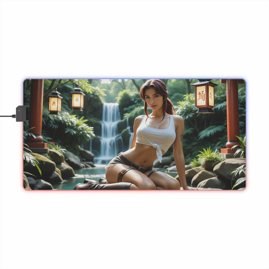 Revy Desk Mat – LED RGB Pad, Waifu Anime Girl Gaming Setup with waifu character by waterfall, RGB edge lighting, precision cloth surface