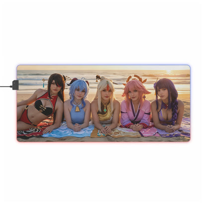 Genshin Impact Girls Desk Mat – LED RGB Pad, Waifu Anime Girl Setup beach scene with five waifu characters reclining on towel