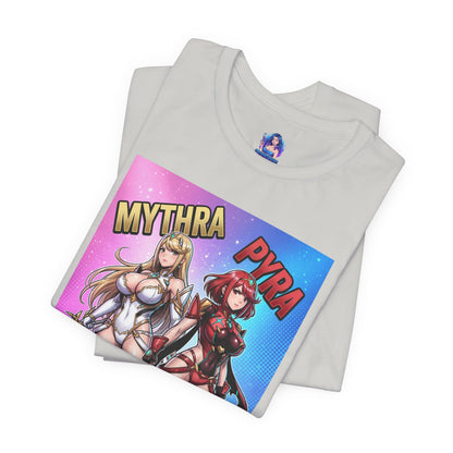 Mythra and Pyra T-Shirt | Anime Tee for Gamers folded white Bella Canvas tee showing Mythra and Pyra side-by-side print