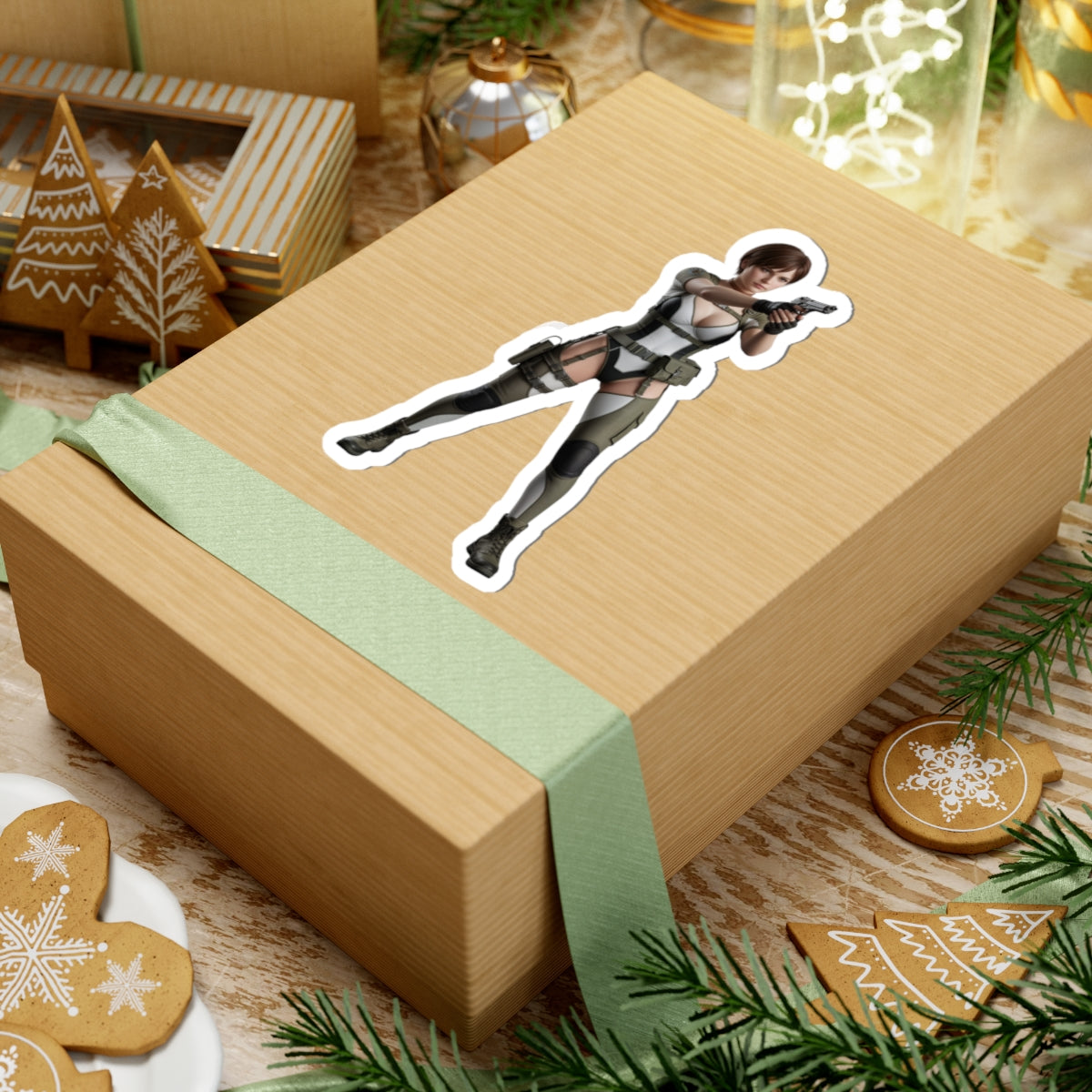 Rebecca Chambers Sticker – Survival Game Vinyl Sticker for Laptops & Indoor Decor on a wrapped gift box, glossy vinyl laptop decal with crisp detail