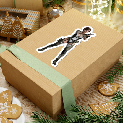 Rebecca Chambers Sticker – Survival Game Vinyl Sticker for Laptops & Indoor Decor on a wrapped gift box, glossy vinyl laptop decal with crisp detail