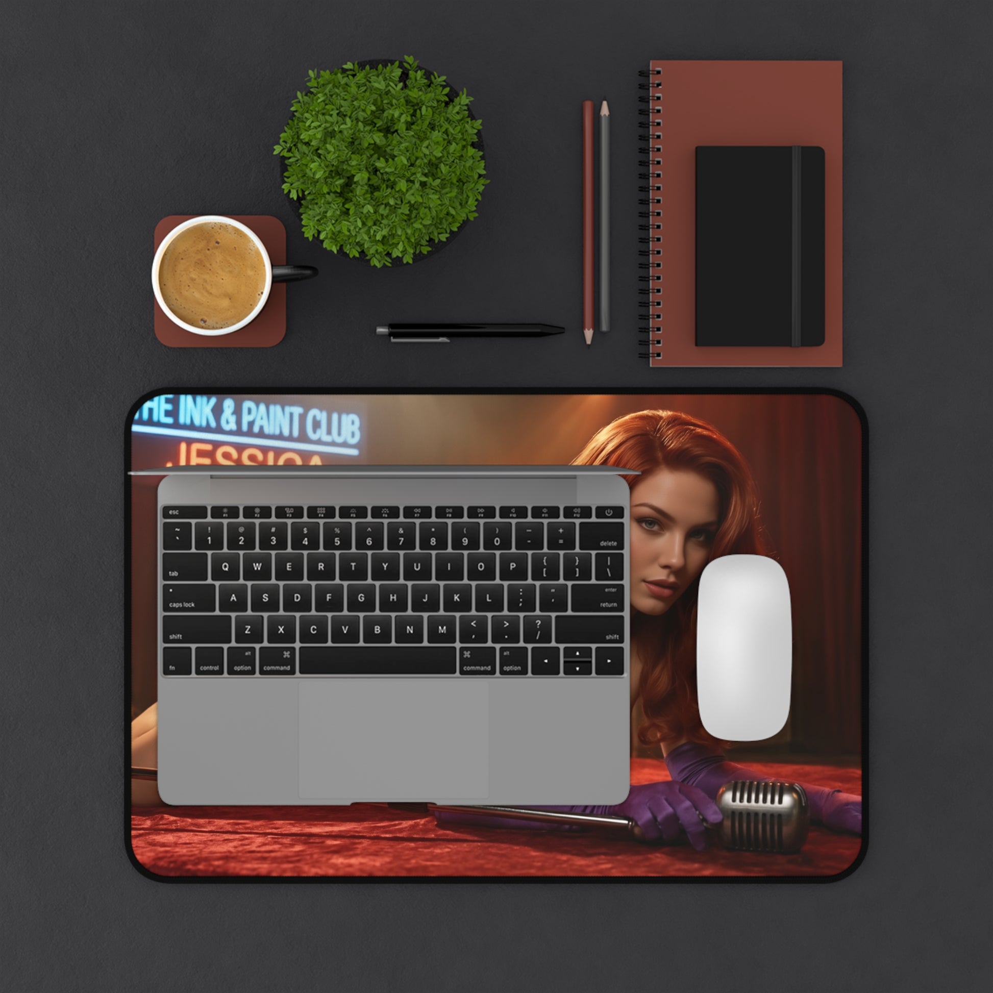 Jessica Rabbit Gaming Mouse Pad, Classic Cartoon Desk Mat, Retro Glam Desk Setup showing laptop, mouse, coffee and retro artwork
