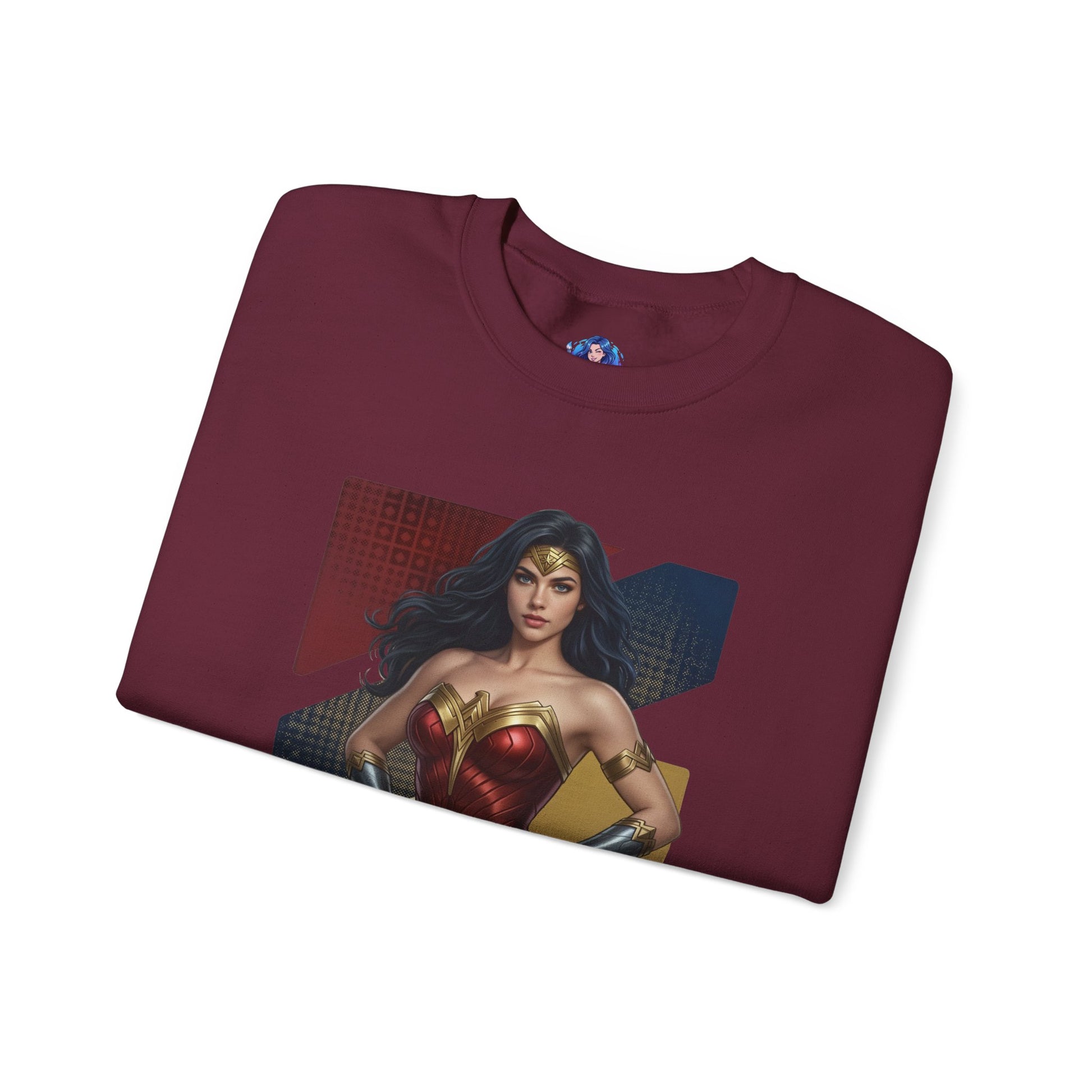 Wonder Woman Sweatshirt, DC Comics Crewneck, Legendary Superhero Apparel for Fans folded maroon crewneck showing iconic armor artwork