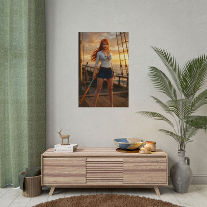 Nami Poster One Piece Wall Art Print Anime Room Decor - cinematic sunset ship deck with Nami holding her staff