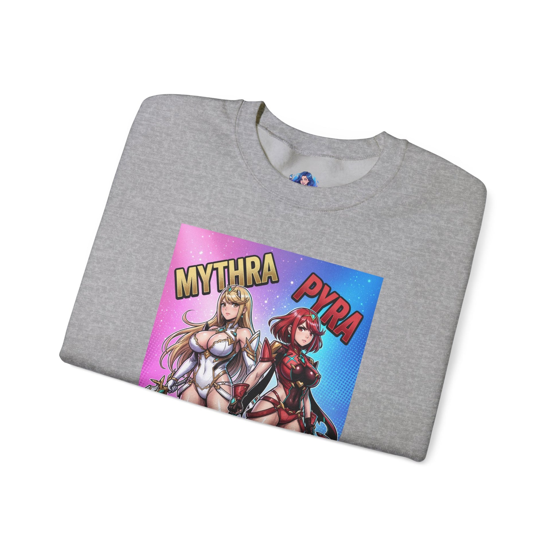 Mythra and Pyra Sweatshirt, Fantasy RPG Crewneck, Anime-Inspired Fan Apparel showing dual heroines on gray folded crewneck