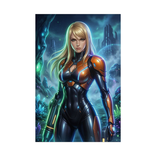 Samus Aran Sci Fi Armor Girl Poster Space Bounty Hunter Wall Art Futuristic Woman Print Gaming Room Decor Gift