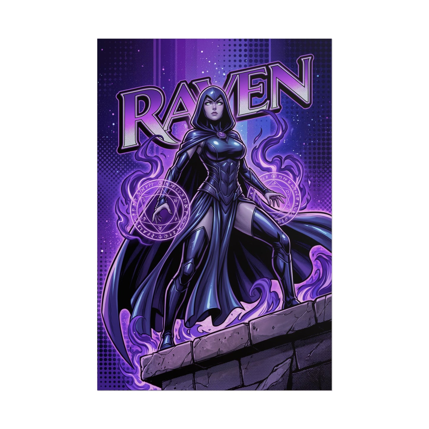 Raven Poster / Raven Wall Art / Raven Art Print / DC Comics Poster featuring Raven with violet arcane energy, dark magic, dramatic lighting and mystic symbols