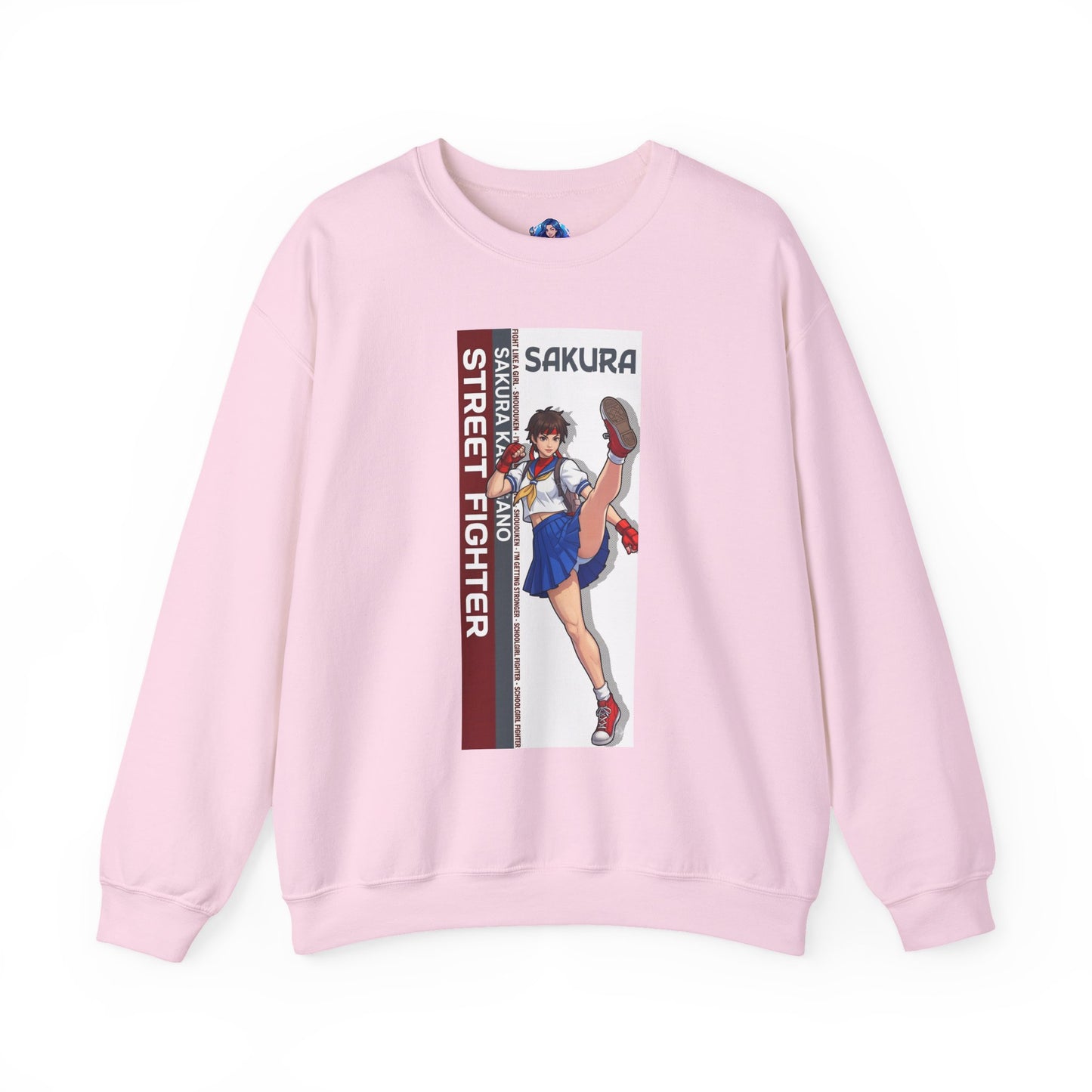 Sakura Sweatshirt, Street Fighter Crewneck, Classic Fighting Game Apparel for Fans - pink crewneck with Sakura artwork and red-white design