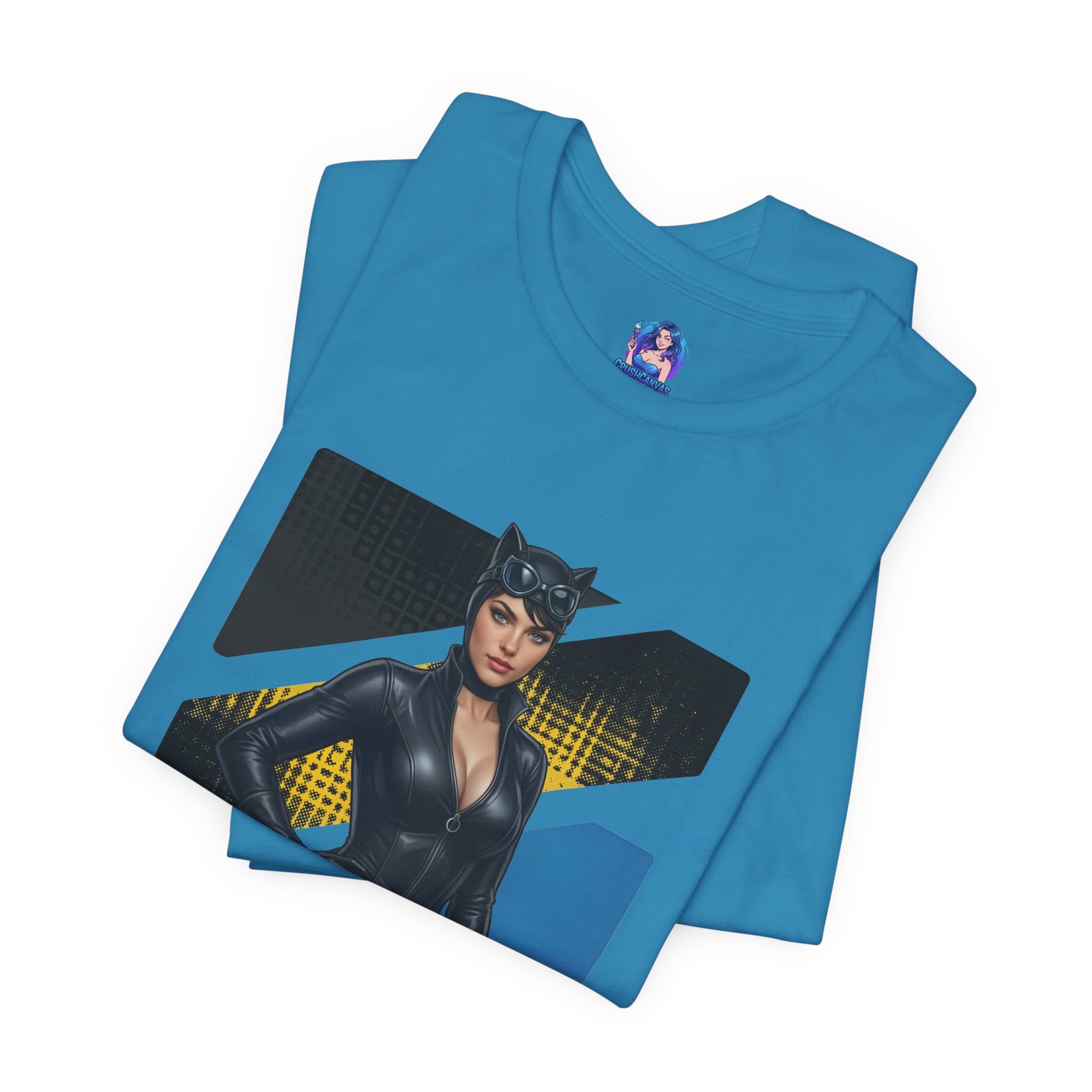 Catwoman T-Shirt | DC Comics Anime Tee for Gamers & Comic Fans - blue Bella Canvas tee with anime-style Catwoman illustration