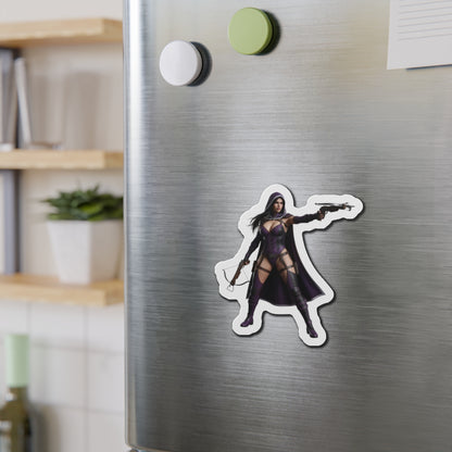 Huntress Magnet – DC Comic Heroine Fridge Magnet, Anime Style Decor — die-cut vinyl magnet of Huntress on stainless fridge, high-res anime-style art