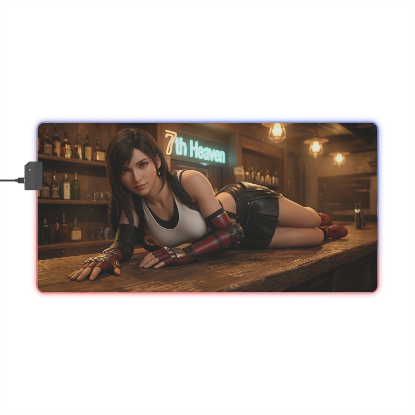 Tifa Lockhart Desk Mat – LED RGB Pad, Waifu Fighter Anime Girl Setup - reclining Tifa design with RGB edge and smooth precision-cloth surface