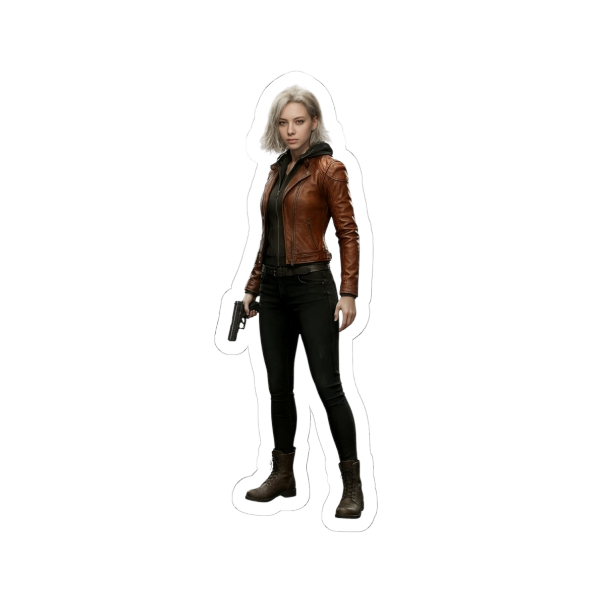 Grace Ashcroft Sticker, Resident Evil Sticker, Laptop Decal, Gift for Gamer - vinyl glossy decal showing Grace Ashcroft holding a handgun in brown jacket