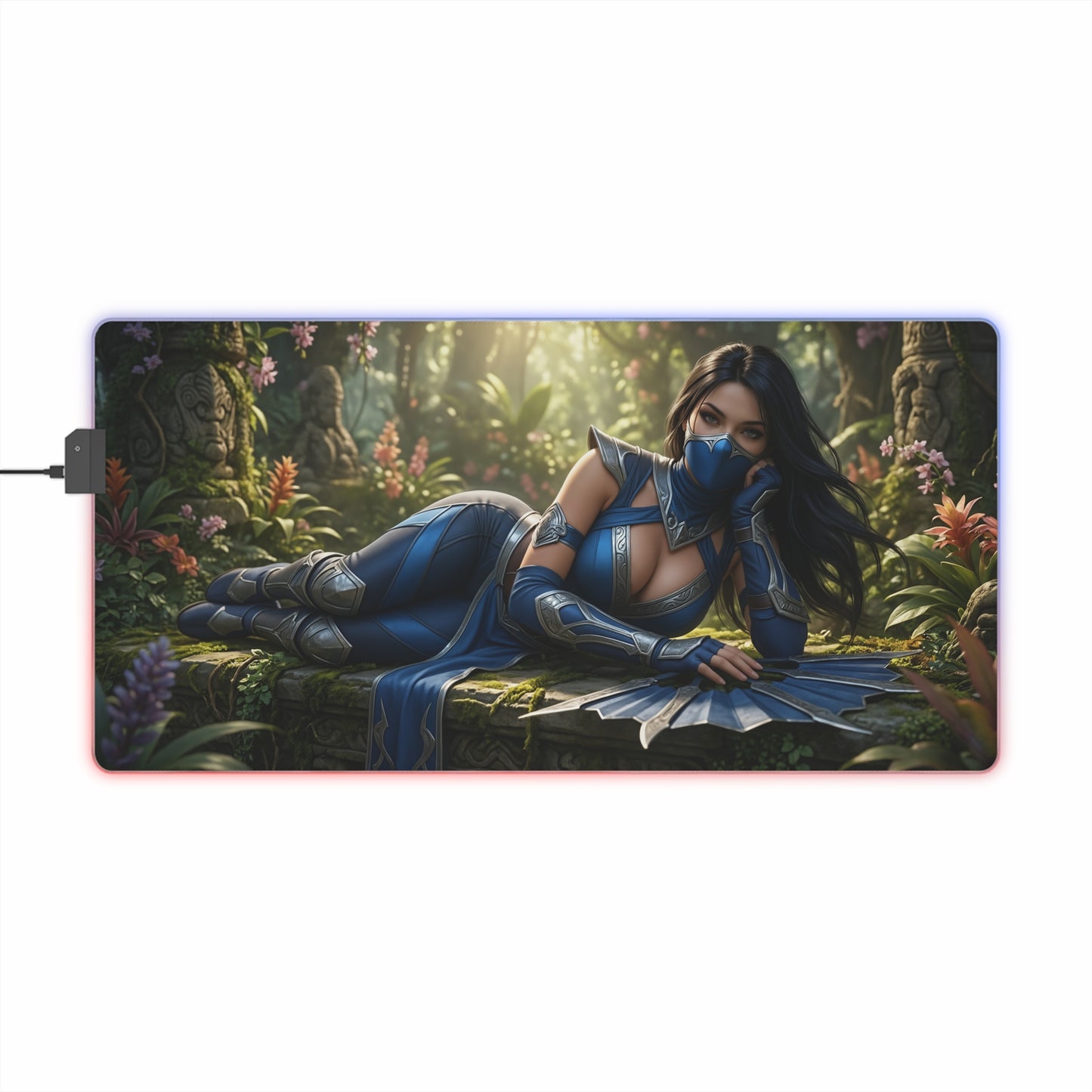 Kitana Desk Mat – LED RGB Pad, Waifu Fighter Anime Girl Setup featuring reclining armored waifu with mask and fans on RGB edge gaming mat