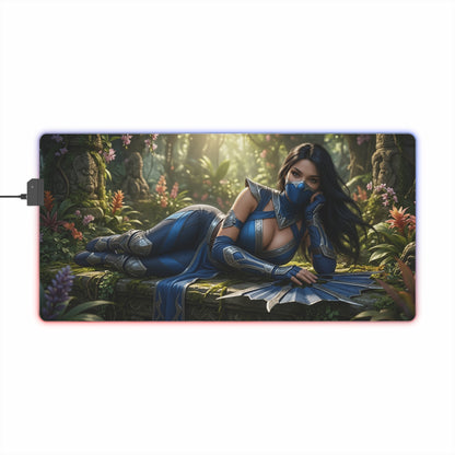 Kitana Desk Mat – LED RGB Pad, Waifu Fighter Anime Girl Setup featuring reclining armored waifu with mask and fans on RGB edge gaming mat
