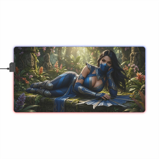 Kitana Desk Mat – LED RGB Pad, Waifu Fighter Anime Girl Setup featuring reclining armored waifu with mask and fans on RGB edge gaming mat
